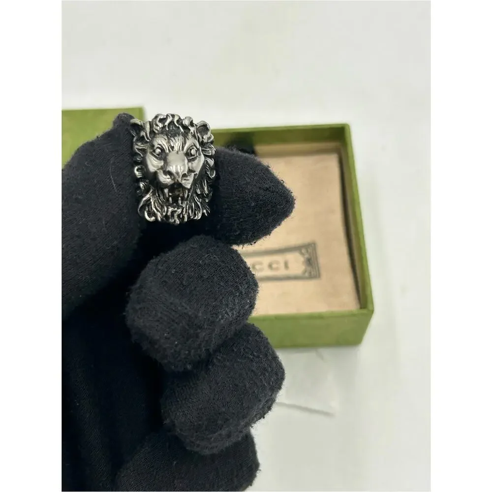 Unisex, Gucci, aged silver Lionhead ring open mouth, roaring expression, size 8